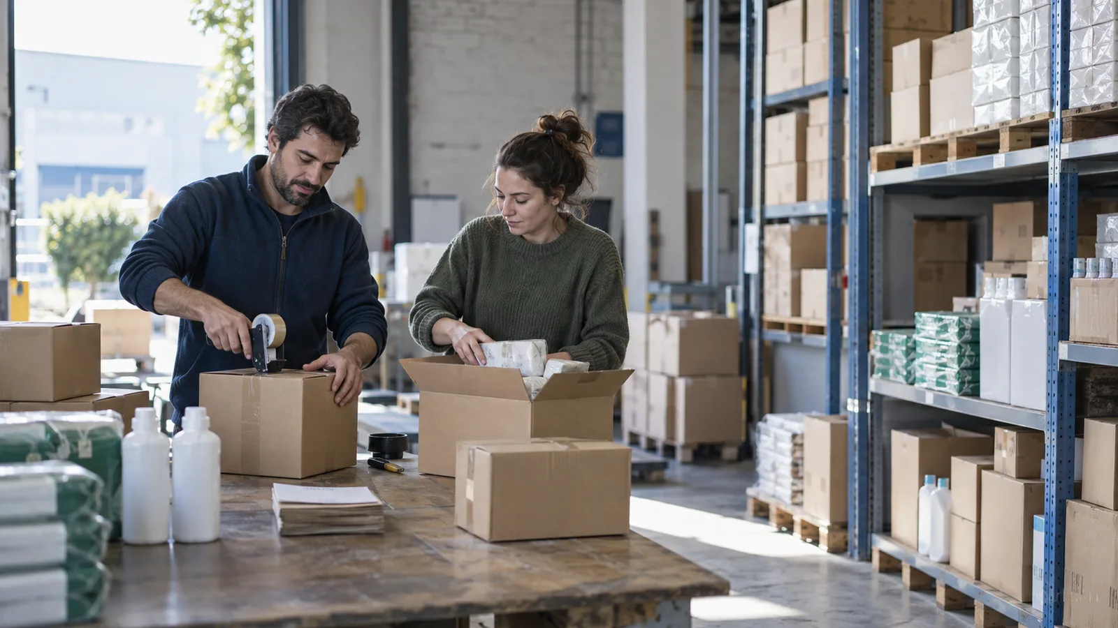Equipo preparando pedidos en una distribuidora