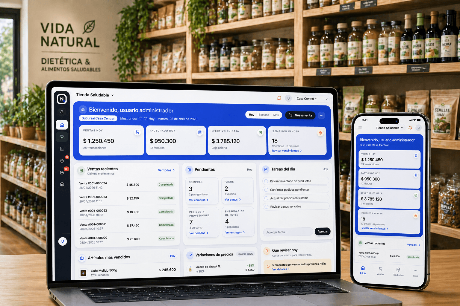 NODUX Full mostrando POS, stock, caja y tienda online conectados