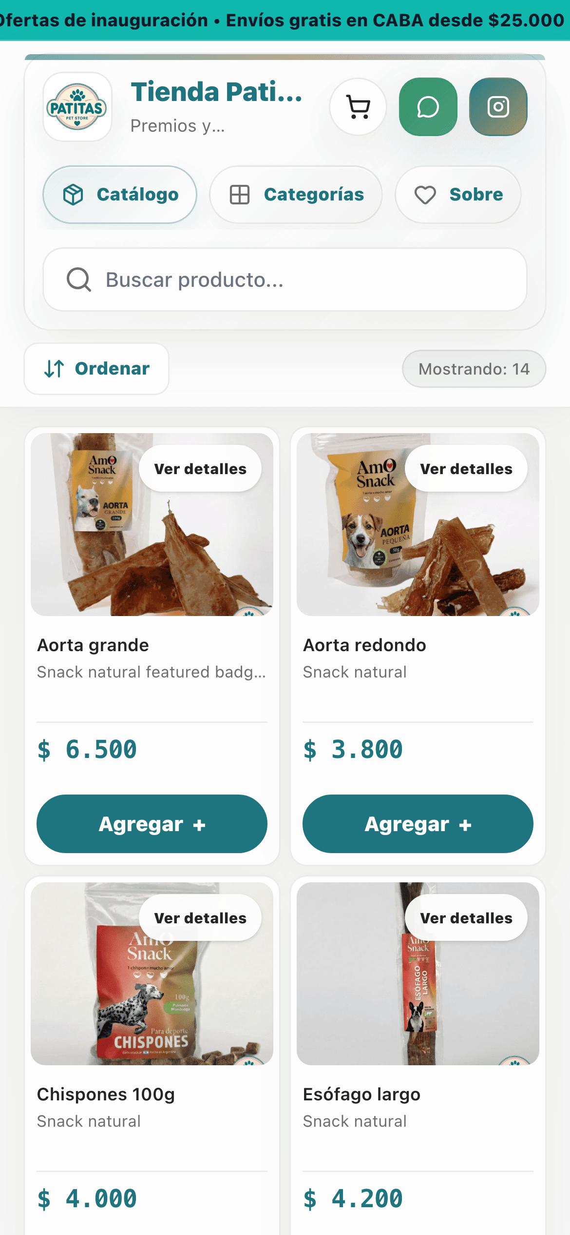Catálogo mobile de Tienda Patitas como ejemplo de tienda online para pet shops