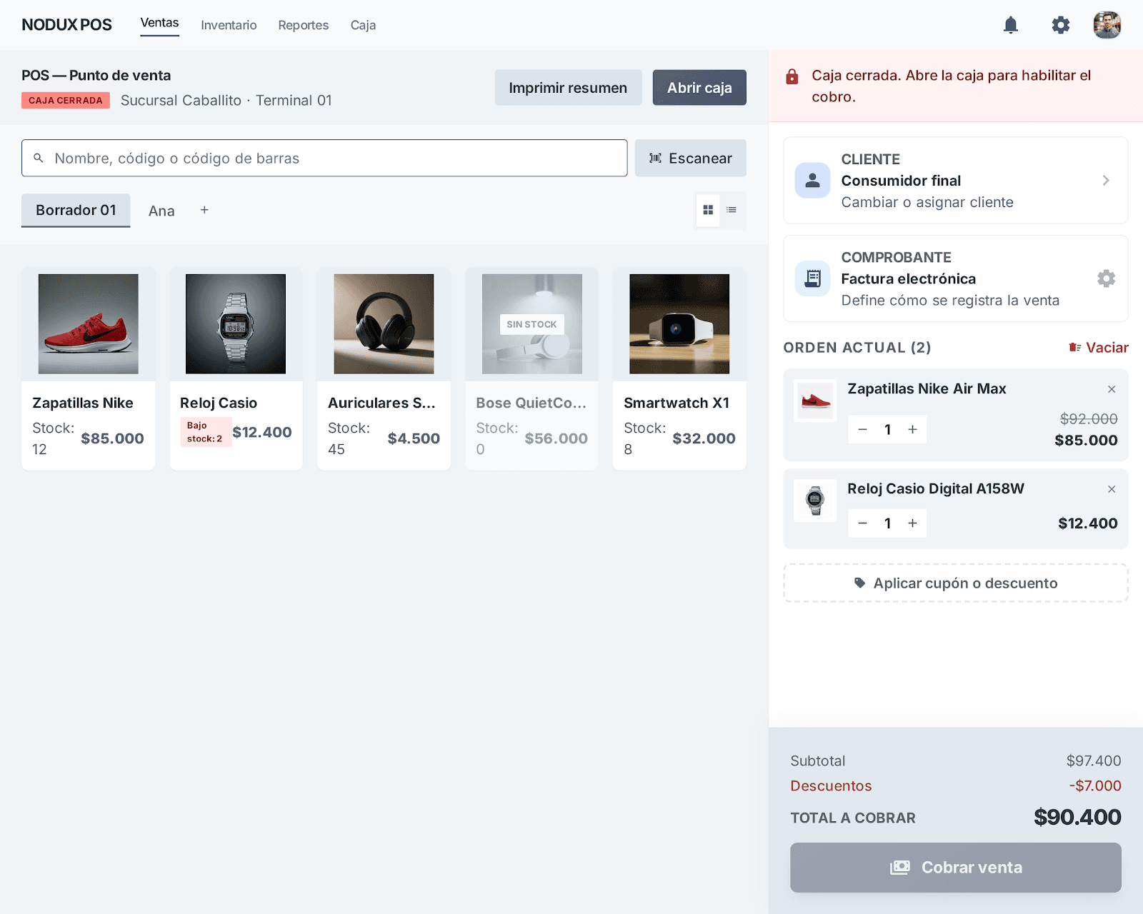 Pantalla POS de NODUX para vender en mostrador