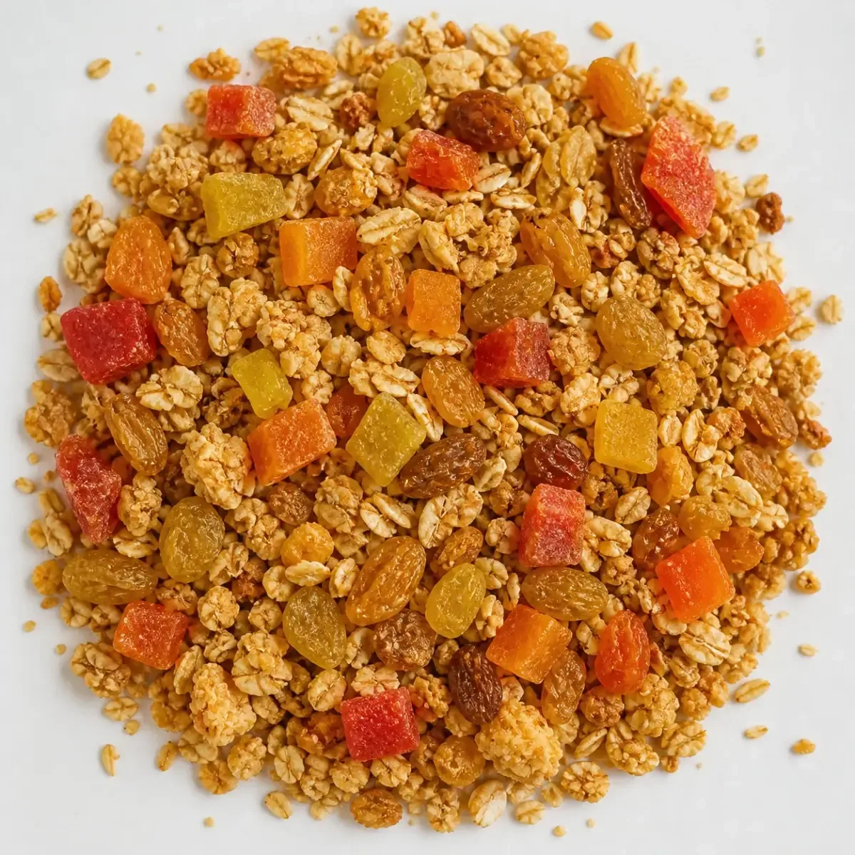 Granola tropical (Granola crocante, papaya multicolor y pasas de uva premium)