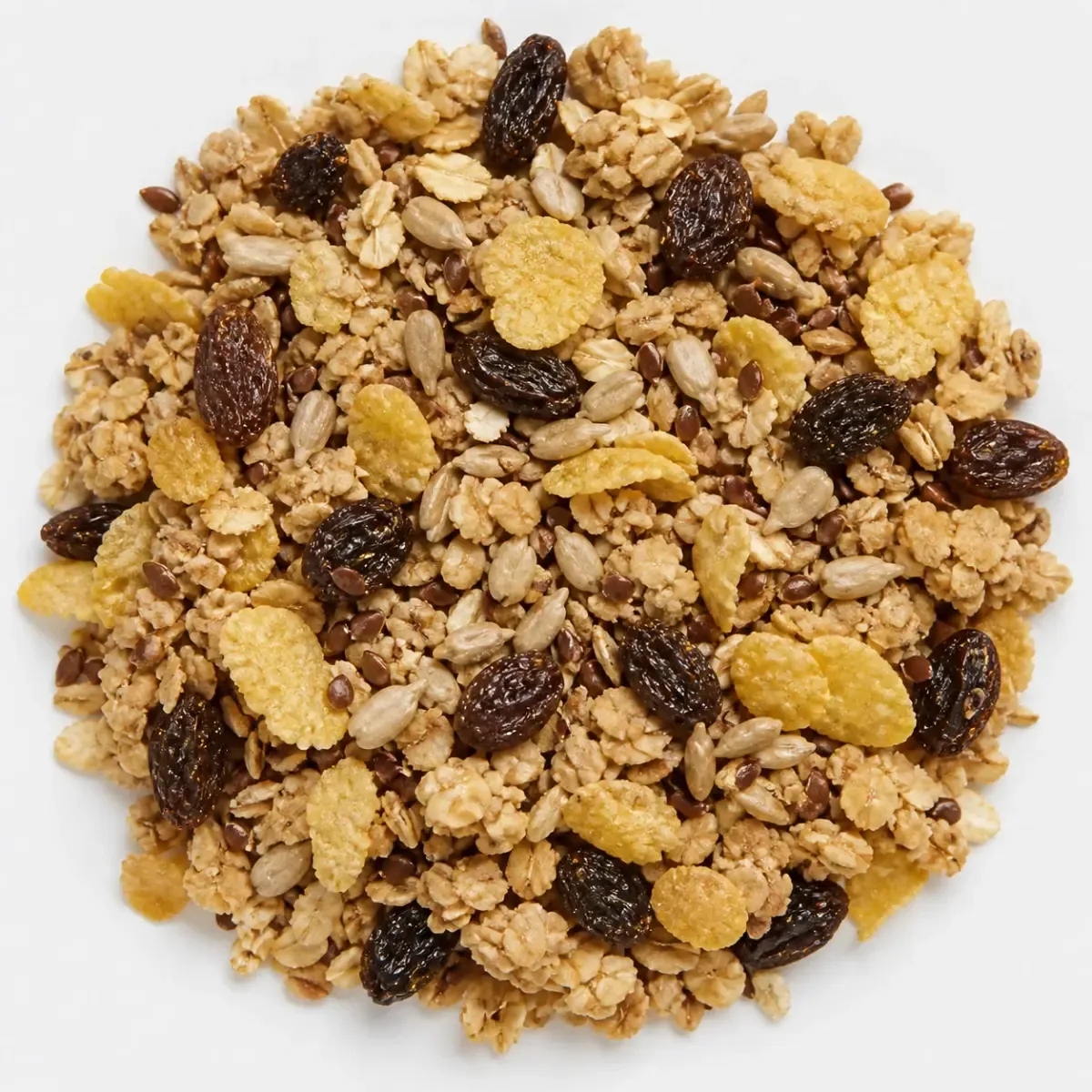 Granola economica (avena gruesa, pasas flame, girasol, lino, copos sin azucar)